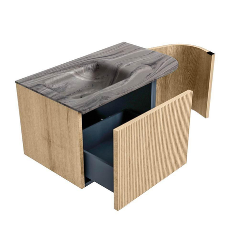 MONDIAZ KURVE-DLUX Meuble de salle de bains 75cm arrondi à droite couleur Oak avec 1 tiroir et 1 porte. Lavabo GRUNNE à gauche sans trou de robinet Sombra. SW1433525
