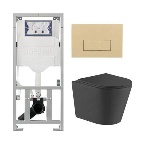 QeramiQ Dely Pack WC suspendu - 36.3x51.7cm - sans bride - bâti-support Geberit UP320 - abattant softclose - plaque de commande beige - boutons rectangulaires - noir mat SW1164842