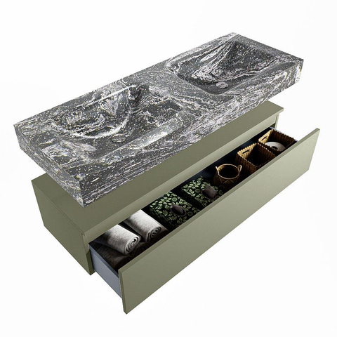 Mondiaz ALAN-DLUX Ensemble de meuble - 130cm - meuble Army mat - 1 tiroir - Lavabo Cloud Lava suspendu - vasque Gauche et droite - 0 trous de robinet SW808861