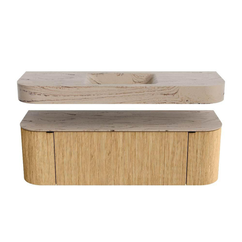 MONDIAZ THOR-DLUX 140cm meuble de salle de bains arrondi gauche + droite couleur Oak avec 1 tiroir et 2 portes. Vasque suspendue CLOUD Milieu 1 trou de robinet couleur Arena. SW1464469