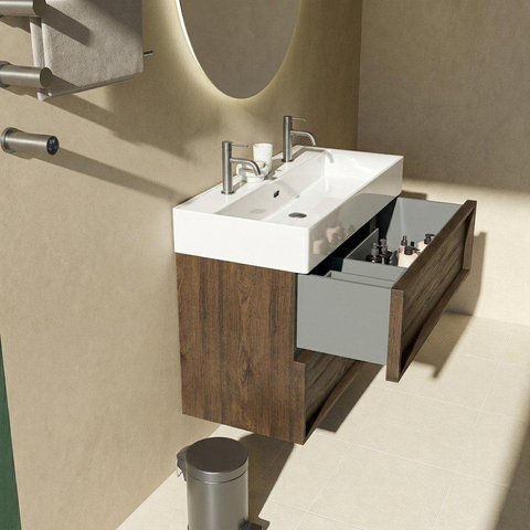 Saniclass Holz Frame Ensemble de meubles de salle de bains - 100x45x72cm - Legend lavabo en céramique blanc - 1 vasque - 2 trous de robinet - 2 tiroirs - chêne charcoal mat (bois) SW1579884
