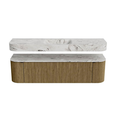 MONDIAZ THOR-DLUX 170cm meuble de salle de bains arrondi gauche + droite couleur Dusk avec 1 tiroir et 2 portes. Vasque suspendue CLOUD Milieu 1 trou de robinet couleur Glace. SW1465640