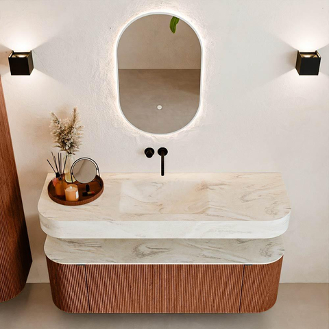 MONDIAZ THOR-DLUX 140cm meuble de salle de bains arrondi gauche + droite couleur Ruby avec 1 tiroir et 2 portes. Vasque suspendue CLOUD Milieu sans trou de robinet couleur Ostra. SW1464147