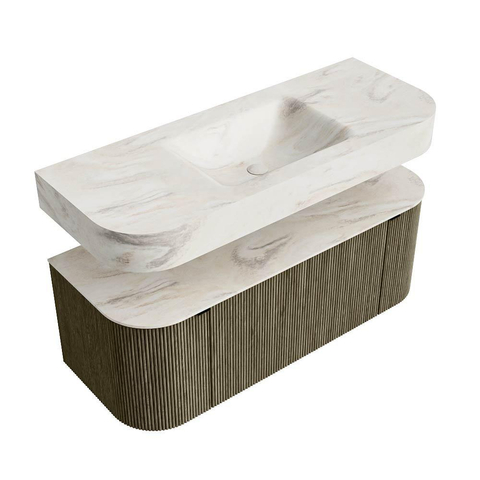 MONDIAZ THOR-DLUX 120cm meuble de salle de bains arrondi gauche + droite couleur Shadow avec 1 tiroir et 2 portes. Vasque suspendue CLOUD Milieu 1 trou de robinet couleur Ostra. SW1463167