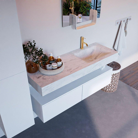 Mondiaz ALAN-DLUX Ensemble de meuble - 130cm - meuble Talc mat - 2 tiroirs - Lavabo Cloud Opalo suspendu - vasque Droite - 1 trou de robinet SW806261