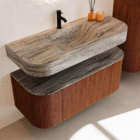MONDIAZ THOR-DLUX 110cm badmeubel ronding links + rechts kleur Ruby met 1 lade en 2 deuren. Vrijhangende wastafel CLOUD Midden 1 kraangat kleur Oza. SW1462991