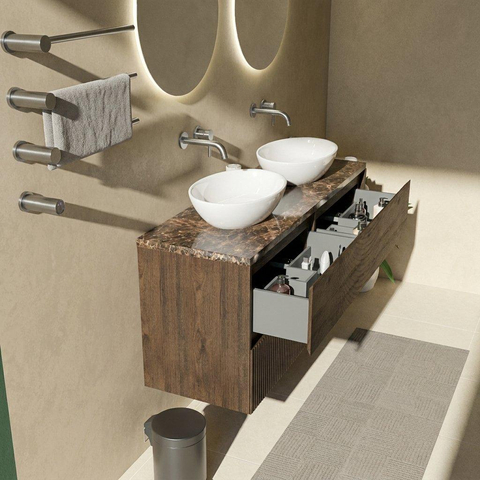 Saniclass Holz Atelier Ensemble de meubles de salle de bains - 140x45x63cm - plan de travail en pierre naturelle Noche dark emperador - sans trou de robinetterie - 4 tiroirs - chêne mat charcoal (bois) SW1478312
