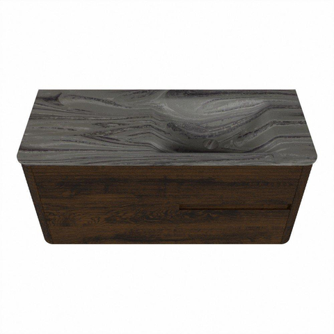Mondiaz CIRO-DLUX Meuble de salle de bains - 110x45x50cm - Plan vasque solid surface Sombra - 1 lavabo à droite - sans trous de robinetterie - 2 tiroirs - Noyer SW1530723