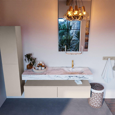 Mondiaz ALAN-DLUX Ensemble de meuble - 150cm - meuble Linen mat - 2 tiroirs - Lavabo Cloud Glace suspendu - vasque Droite - 1 trou de robinet SW806193