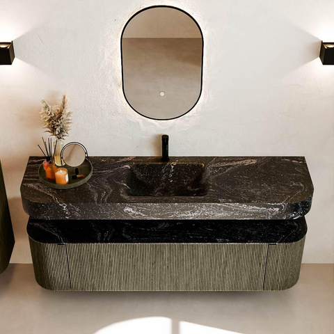 MONDIAZ THOR-DLUX 170cm meuble de salle de bains arrondi gauche + droite couleur Shadow avec 1 tiroir et 2 portes. Vasque suspendue CLOUD Milieu 1 trou de robinet couleur Lava. SW1465516