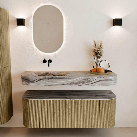 MONDIAZ THOR-DLUX Meuble de salle de bains 130cm arrondi gauche + droite couleur Dusk avec 1 tiroir et 2 portes. Vasque suspendue CLOUD Gauche sans trou de robinet couleur Sombra. SW1464065