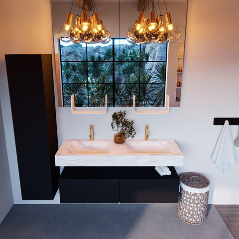 Mondiaz ALAN-DLUX Ensemble de meuble - 130cm - meuble Urban mat - 2 tiroirs - Lavabo Cloud Ostra suspendu - vasque gauche et droite - 2 trous de robinet SW807390