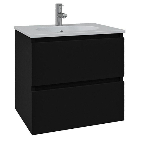 Saniclass Chaci Meuble de salle de bain - 60x46x55cm - lavabo en céramique blanc - 1 vasque ovale - 1 trou de robinet - 2 tiroirs - miroir rectangulaire - noir mat SW724526