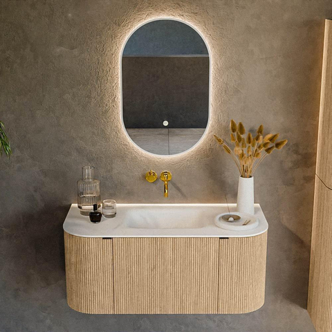 MONDIAZ KURVE Meuble de salle de bains 100 cm avec module 25 Len R couleur Chêne avec 1 tiroir et 2 portes. Lavabo GRUNNE central sans trou de robinet Talc. SW1137369