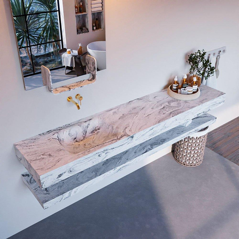 Mondiaz ALAN-DLUX Ensemble de meuble - 200cm - meuble Glace mat - 0 tiroirs - Lavabo Cloud Glace suspendu - vasque Gauche - 0 trous de robinet SW808818