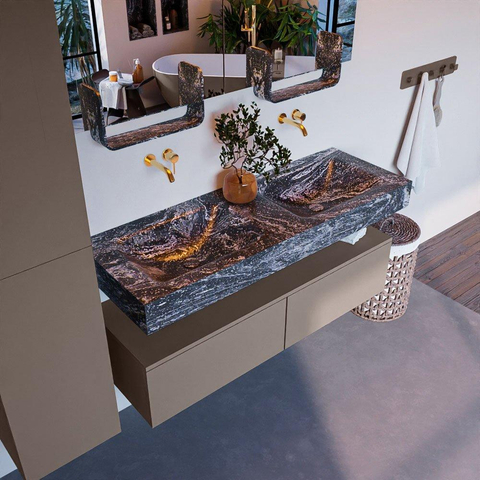 Mondiaz ALAN-DLUX Ensemble de meuble - 130cm - meuble Smoke mat - 2 tiroirs - Lavabo Cloud Lava suspendu - vasque Gauche et droite - 0 trous de robinet SW808227