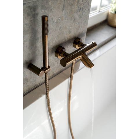 Fortifura Calvi Thermostatische badkraan met staafhanddouche, handdouchehouder en metalen doucheslang - PVD - geborsteld koper SW1225337