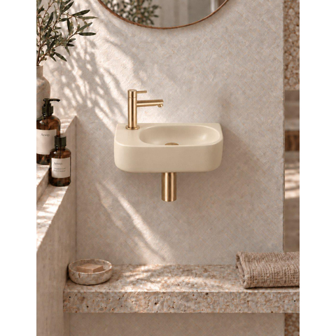QeramiQ Fuente pack lave-mains – 40 x 21,5 x 12 cm – céramique beige – perçage à gauche – robinet doré brossé SW1232823