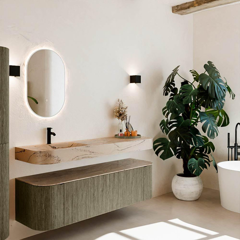 MONDIAZ THOR-DLUX 160cm meuble de salle de bains arrondi gauche + droite couleur Shadow avec 1 tiroir et 2 portes. Vasque suspendue CLOUD gauche 1 trou de robinet couleur Arena. SW1465125