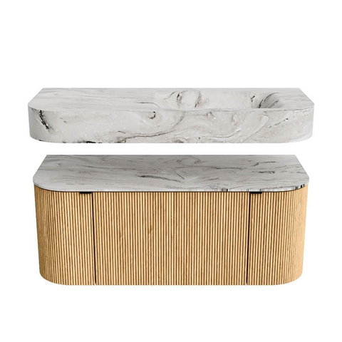 MONDIAZ THOR-DLUX 110cm badmeubel ronding links + rechts kleur Oak met 1 lade en 2 deuren. Vrijhangende wastafel CLOUD Rechts zonder kraangat kleur Glace. SW1462728