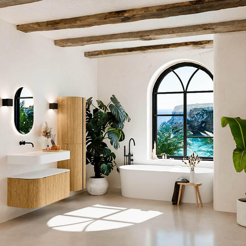 MONDIAZ THOR 100cm meuble de salle de bains arrondi gauche + droite couleur Oak avec 1 tiroir et 2 portes. Vasque suspendue CLOUD Gauche sans trou de robinet couleur Talc. SW1467340
