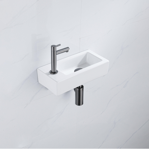 QeramiQ Fuente fonteinset – 37.5x18.5x9 cm – keramiek wit glans – kraangat links – kraan geborsteld gunmetal SW1232760