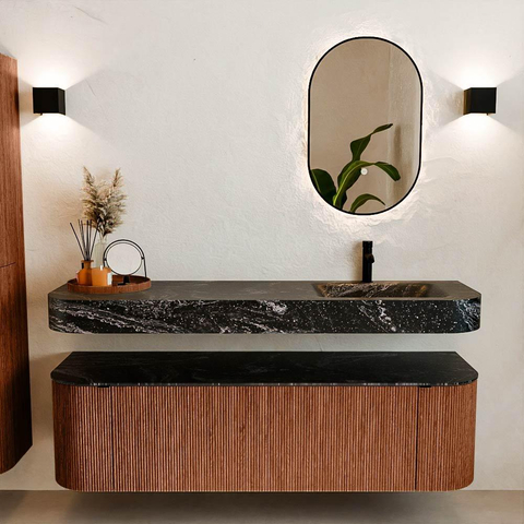 MONDIAZ THOR-DLUX 160cm meuble de salle de bains arrondi gauche + droite couleur Ruby avec 1 tiroir et 2 portes. Vasque suspendue CLOUD Droite 1 trou de robinet couleur Lava. SW1465169