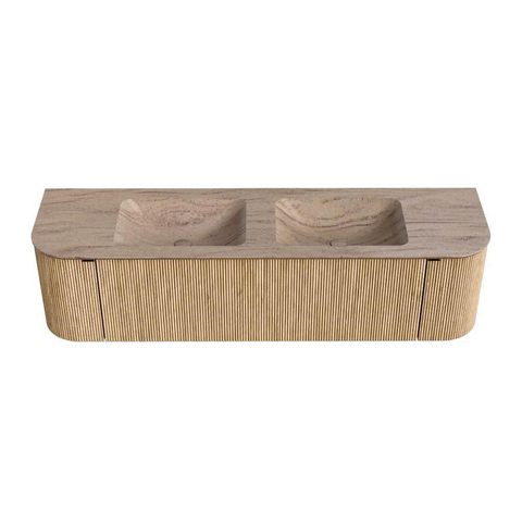 MONDIAZ KURVE-DLUX 170cm badmeubel ronding Links + Rechts kleur Oak met 1 lade en 2 deuren. Wastafel LEAF Dubbel zonder kraangat Saba. SW1433103
