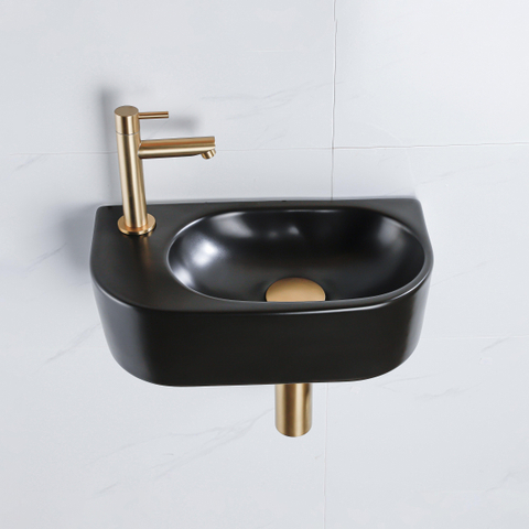 Fugaflow Efficiente Pietra Ensemble lave-mains - 40x21.5x12cm - gauche - lisse - semi-circulaire - 1 trou de robinet - céramique - robinet de lave-mains laiton brossé - bonde - siphon abaissé - noir mat SW1442419