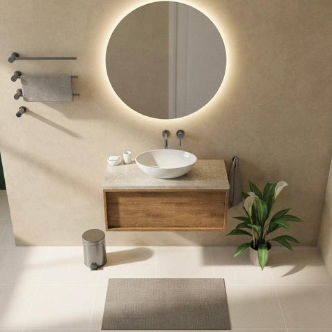 Saniclass Holz Frame Badkamermeubelset - 100x45x43cm - Travertine natuurstenen topblad - zonder kraangat - 1 lade - mat eiken natural (hout) SW1478854