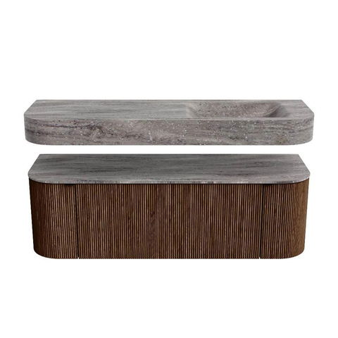 MONDIAZ THOR-DLUX 140cm meuble de salle de bains arrondi gauche + droite couleur Walnut avec 1 tiroir et 2 portes. Vasque suspendue CLOUD Droite sans trou de robinet couleur Oza. SW1464268