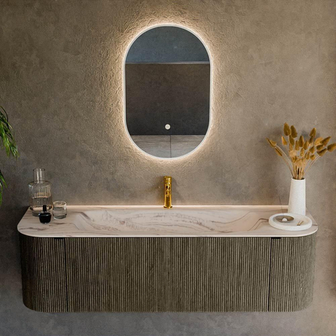 MONDIAZ KURVE-DLUX Meuble de salle de bains 150cm arrondi Gauche + Droite couleur Shadow avec 1 tiroir et 2 portes. Plan-vasque BIG MEDIUM Central 1 trou de robinet Nata. SW1432299