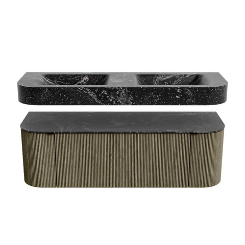MONDIAZ THOR-DLUX 140cm meuble de salle de bains arrondi gauche + droite couleur Shadow avec 1 tiroir et 2 portes. Vasque suspendue CLOUD Double 2 trous de robinet couleur Lava. SW1464141