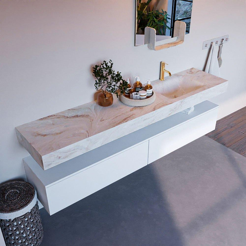 Mondiaz ALAN-DLUX Ensemble de meuble - 200cm - meuble Talc mat - 2 tiroirs - Lavabo Cloud Frappe suspendu - vasque Droite - 1 trou de robinet SW805430