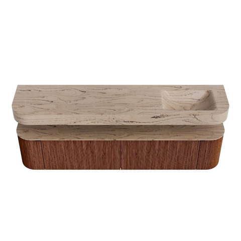 MONDIAZ THOR-DLUX 200cm meuble de salle de bains arrondi gauche + droite couleur Ruby avec 2 tiroirs et 2 portes. Vasque suspendue CLOUD Droite 1 trou de robinet couleur Arena. SW1467076