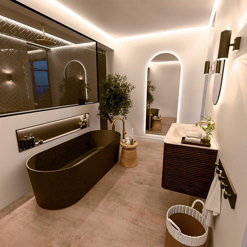 Mondiaz CIRO-DLUX Ensemble de meubles de salle de bains - 90x45x50cm - vasque en solid surface Frappe - 1 bassin au milieu - sans trous de robinet - 2 tiroirs - Noyer SW1530289
