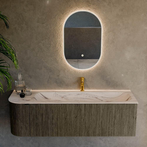 MONDIAZ KURVE-DLUX Meuble de salle de bains 145 cm arrondi à gauche couleur Shadow avec 1 tiroir et 1 porte. Lavabo BIG LARGE à droite 1 trou de robinet Nata. SW1432314
