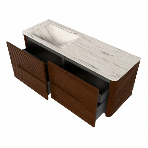 Mondiaz CIRO-DLUX Ensemble meuble de salle de bains - 130x45x50cm - lavabo solid surface Nata - 1 vasque à gauche - sans trous de robinetterie - 4 tiroirs - Ruby SW1532042