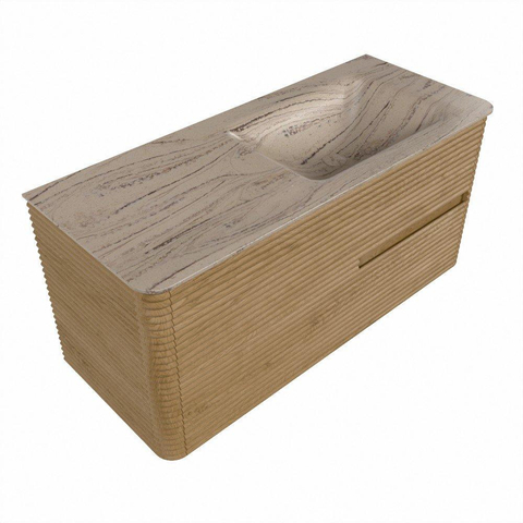 Mondiaz CIRO-DLUX Meuble de salle de bains set - 110x45x50cm - Plan vasque solid surface Arena - 1 vasque à droite - 1 trou de robinet - 2 tiroirs - Chêne SW1531339