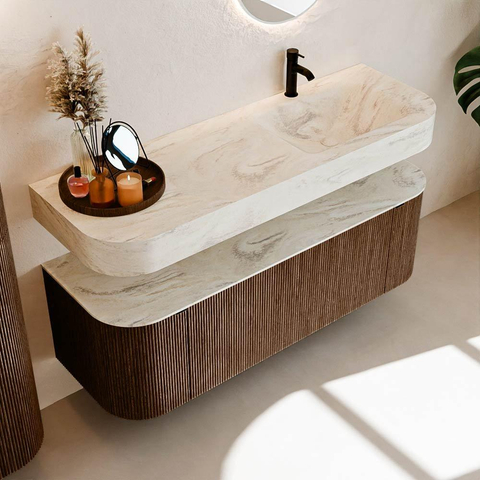 MONDIAZ THOR-DLUX 140cm badmeubel ronding links + rechts kleur Walnut met 1 lade en 2 deuren. Vrijhangende wastafel CLOUD Rechts 1 kraangat kleur Ostra. SW1464098