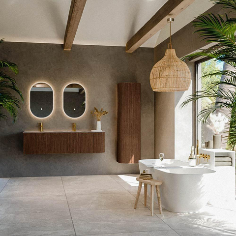 MONDIAZ KURVE-DLUX meuble de salle de bains 155cm arrondi à droite couleur Walnut avec 2 tiroirs et 1 porte. Lavabo LEAF double / gauche 2 trous de robinet Sombra. SW1433705