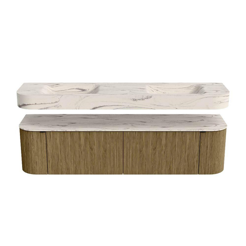 MONDIAZ THOR-DLUX 180cm meuble de salle de bains arrondi gauche + droite couleur Dusk avec 2 tiroirs et 2 portes. Vasque suspendue CLOUD Double 2 trous de robinet couleur Nata. SW1466215
