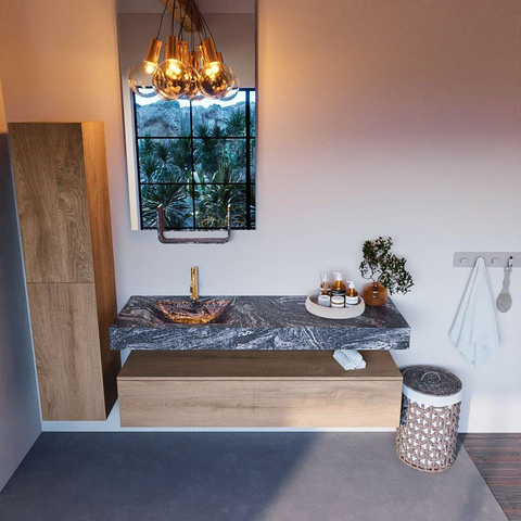Mondiaz ALAN-DLUX Ensemble de meuble - 150cm - meuble Washed Oak mat - 1 tiroir - Lavabo Cloud Lava suspendu - vasque Gauche - 1 trou de robinet SW808710