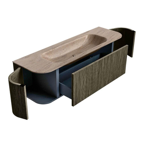MONDIAZ KURVE-DLUX Meuble de salle de bains 150cm arrondi Gauche + Droite couleur Shadow avec 1 tiroir et 2 portes. Lavabo BIG MEDIUM Central 1 trou de robinet Saba. SW1433258