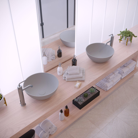 Ideavit Solidthin opbouw wastafel 39x39x14.5cm rond 0 kraangaten 1 wasbak Solid surface lichtgrijs SW85903