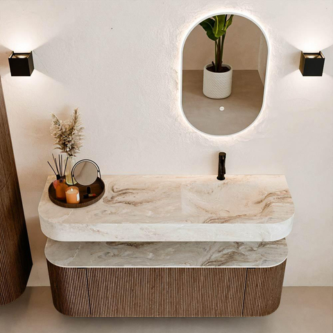 MONDIAZ THOR-DLUX 140cm meuble de salle de bains arrondi gauche + droite couleur Walnut avec 1 tiroir et 2 portes. Vasque suspendue CLOUD Droite 1 trou de robinet couleur Frappe. SW1463953