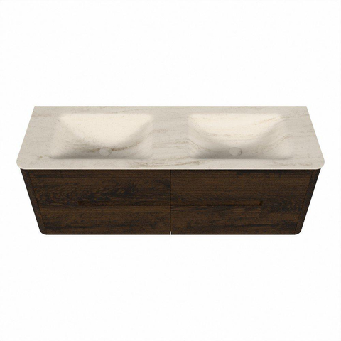 Mondiaz CIRO-DLUX Badkamermeubelset - 140x45x50cm - Solid surface wastafel Meli - 2 wasbak Dubbel - zonder kraangaten - 4 lades - Walnut SW1530523