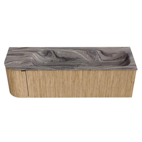 MONDIAZ KURVE-DLUX Meuble de salle de bains 145cm arrondi à gauche couleur Chêne avec 1 tiroir et 1 porte. Lavabo BIG LARGE à droite sans trou de robinet Sombra. SW1433569