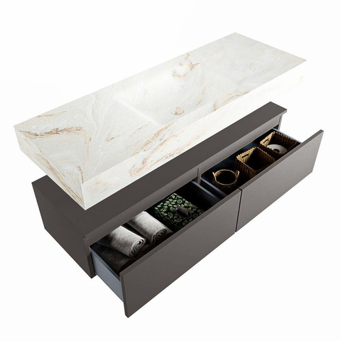 Mondiaz ALAN-DLUX Ensemble de meuble - 130cm - meuble Dark grey mat - 2 tiroirs - Lavabo Cloud Frappe suspendu - vasque Centre - 0 trous de robinet SW805270