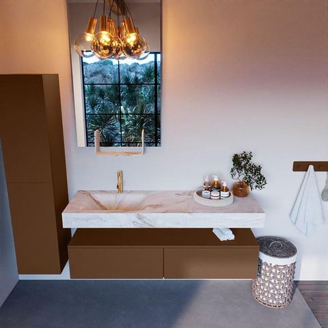 Mondiaz ALAN-DLUX Ensemble de meuble - 150cm - meuble Rust mat - 2 tiroirs - Lavabo Cloud Frappe suspendu - vasque Gauche - 1 trou de robinet SW805226